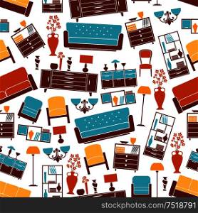 Furniture seamless pattern. Room interior vector elements background. Vintage and classic home accessories. Sofa, chair, armchair, lamp, bookshelf, vase, locker flower elements. Furniture seamless pattern with interior elements