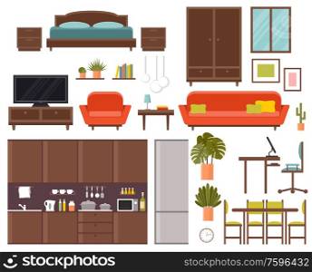 Furniture set. Bedroom, kitchen, dining room. Vector flat illustration.