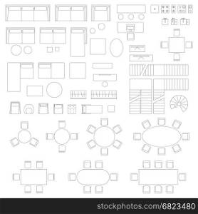 Furniture set icons for living room. Furniture and interior elements line symbols for living room. Big set of interior icons in top view.
