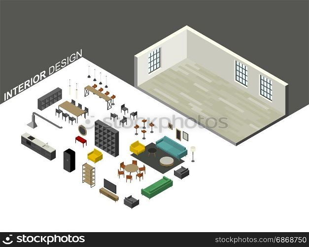 Furniture set in isometric view. Furniture set in isometric view. Vector illustration of living room planning.