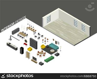 Furniture set in isometric view. Furniture set in isometric view. Vector illustration of living room planning.