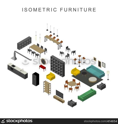Furniture set in isometric view. Illustration of living room furniture.. Furniture set in isometric view