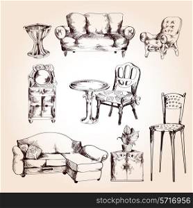 Furniture sketch decorative icons set of chair table sofa isolated vector illustration.