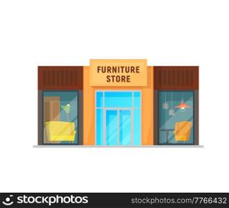 Furniture store building, shop, market, mall or supermarket vector design of retail business architecture. Isolated exterior of commercial building with glass facade of storefront windows, front door. Furniture store building, shop, market or mall