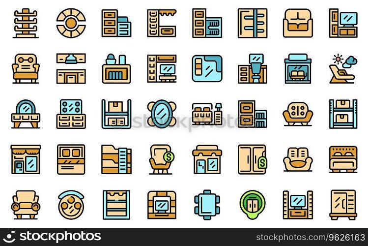 Furniture store icons set outline vector. House wood. Store room thin line color flat on white isolated. Furniture store icons set vector line color