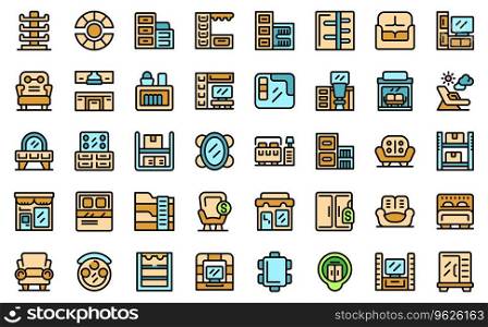 Furniture store icons set outline vector. House wood. Store room thin line color flat on white isolated. Furniture store icons set vector line color