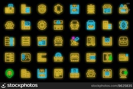 Furniture store icons set outline vector. House wood. Store room neon color on black. Furniture store icons set vector neon