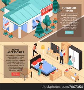 Furniture store outside and inside isometric banners with people choosing home accessories vector illustration
