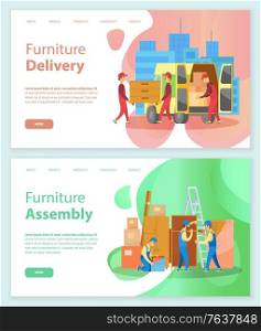 Furniture store set vector, delivery and assembly, workers packing and unpacking bought and delivered products. Wooden drawers and soft sofa. Website or webpage template, landing page flat style. Furniture Delivery and Assembly Store Service Set