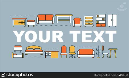 Furniture store word concepts banner. Interior design. Chairs, wardrobes, beds, drawers, sofas. Isolated lettering typography idea with linear icons. Vector outline illustration. Furniture store word concepts banner