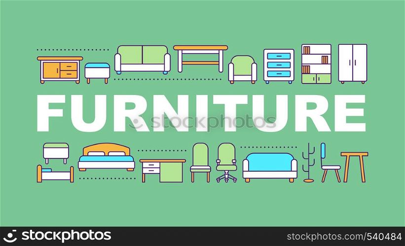 Furniture store word concepts banner. Interior design. Chairs, wardrobes, beds, drawers, sofas. Isolated lettering typography idea with linear icons. Vector outline illustration. Furniture store word concepts banner