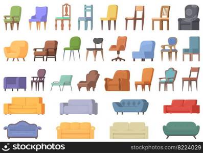 Furniture upholstery icons set cartoon vector. Cushion bed. Pillow sofa. Furniture upholstery icons set cartoon vector. Cushion bed