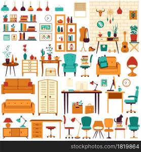 Furniture vector illustration set. Cartoon flat furnishings design with sofa armchair, lamp, table, house plants. Designer trendy items for home apartment or office interior decor isolated on white. Furniture vector illustration set, home apartment or office interior