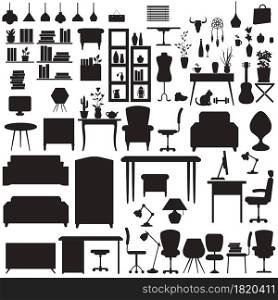 Furniture vector illustration set. Cartoon flat furnishings design with sofa armchair, lamp, table, house plants. Designer trendy items for home apartment or office interior decor isolated on white. Furniture vector illustration set, home apartment or office interior