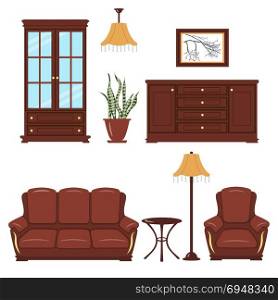 Furniture vector set. Set of Furniture. Bookcase, armchair, sofa, standard lamp, picture, coffee table, leather furniture, chest of drawers locker pendent lamp cache pot