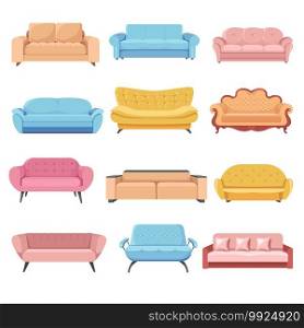 Furniture with soft fabrics and wooden elements, set of sofas in different styles. Contemporary and vintage couches. Pouf or armchair for interior of home or office. Comfy chair vector in flat. Comfortable sofa set, couches and armchairs furniture vector