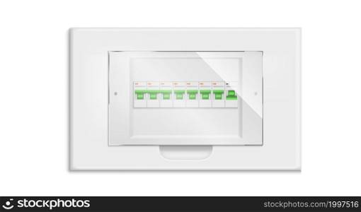 Fuse box, electrical panel with on and off switchers, automatic circuit breaker isolated on white background. Switchboard equipment for power control and distribution, Realistic 3d vector illustration. Fuse box, electrical panel with on off switchers