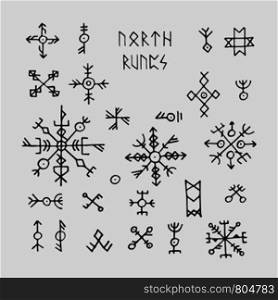 Futhark norse viking runes and talismans. Nordic pagan vector occult symbols for tattoo. Scandinavian gothic magic runic illustration. Futhark norse viking runes and talismans. Nordic pagan vector occult symbols for tattoo