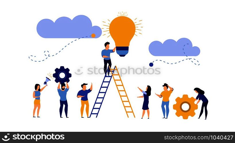 Future ahead with man, woman and light bulb vector concept illustration. Business ladder career job challenge. Journey beginning achievement change opportunity. Objective direction forward vision way