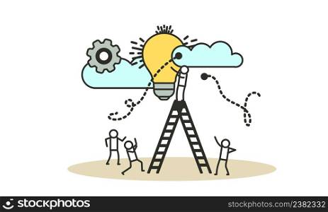 Future ahead with man, woman and light bulb vector concept illustration. Business ladder career job challenge. Journey beginning achievement change opportunity. Objective direction forward vision way
