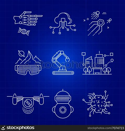 Future AI technology and robot artificial intelligence thin line concepts. Vector illustration. Future AI technology and robot artificial intelligence thin line concepts