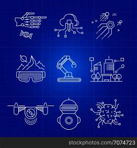 Future AI technology and robot artificial intelligence thin line concepts. Vector illustration. Future AI technology and robot artificial intelligence thin line concepts