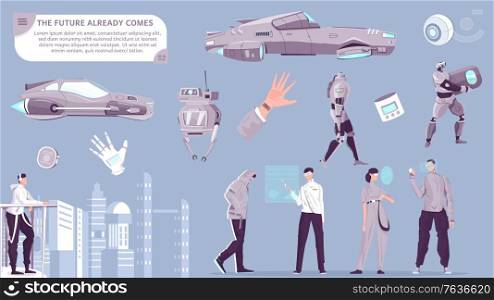 Future already comes flat set of people used smart gadgets robots and transport isolated vector illustration