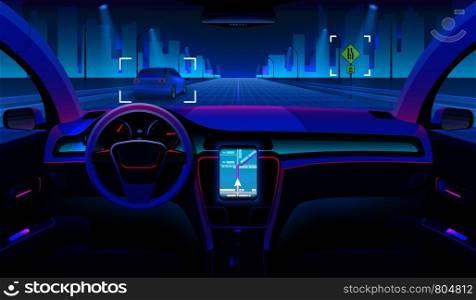 Future autonomous vehicle, driverless car interior with obstacles and night landscape outside. Futuristic car assistant vector concept. Sensor system driver navigation for vehicle illustration. Future autonomous vehicle, driverless car interior with obstacles and night landscape outside. Futuristic car assistant vector concept