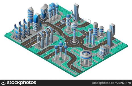 Future City Isometric Composition. Future city isometric composition with futuristic buildings of different construction road and park vector illustration
