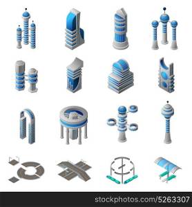 Future City Isometric Icons Set. Future city isometric icons set of conceptual building of futuristic construction and architecture isolated vector illustration