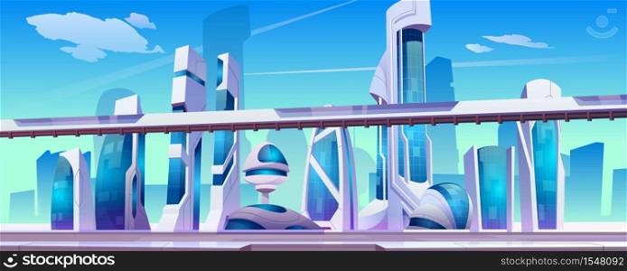 Future city street with futuristic glass buildings of unusual shapes, ground subway on blue sky background. Modern architecture towers and skyscrapers. Cartoon vector alien urban cityscape design. Future city futuristic street with glass buildings