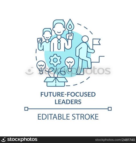 Future-focused leaders turquoise concept icon. Principle for managing innovation abstract idea thin line illustration. Isolated outline drawing. Editable stroke. Arial, Myriad Pro-Bold fonts used. Future-focused leaders turquoise concept icon
