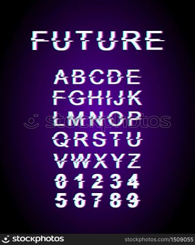 Future glitch font template. Retro futuristic style vector alphabet set on violet background. Capital letters, numbers and symbols. Contemporary typeface design with distortion effect