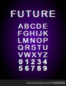 Future glitch font template. Retro futuristic style vector alphabet set on violet background. Capital letters, numbers and symbols. Contemporary typeface design with distortion effect