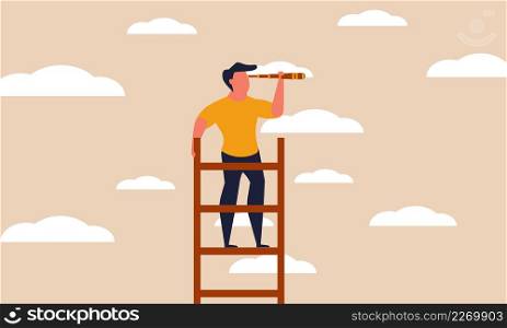 Future high ladder with forward man on sky. Work staircase growth and journey achievement vector illustration concept. Dream career aim and employee visionary. People or person looking way progress