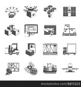 Future logistics concept of automatic parcels tracing and delivery system icons set black abstract isolated vector illustration. New logistic icons set black