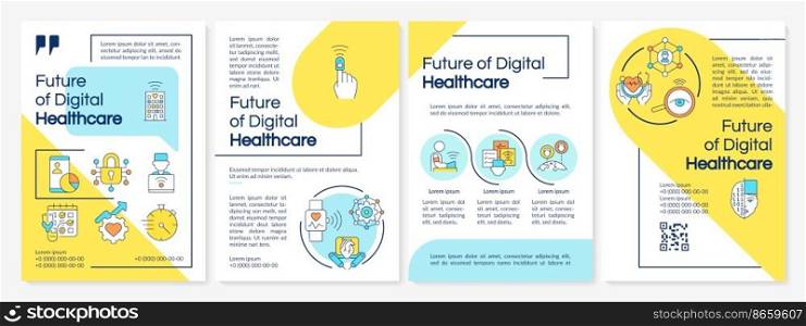 Future of digital health sector blue and yellow brochure template. Leaflet design with linear icons. Editable 4 vector layouts for presentation, annual reports. Questrial, Lato Regular fonts used. Future of digital health sector blue and yellow brochure template
