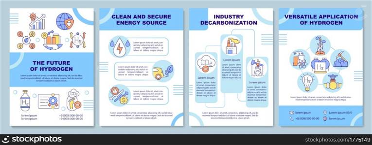 Future of hydrogen brochure template. Secure energy source. Flyer, booklet, leaflet print, cover design with linear icons. Vector layouts for presentation, annual reports, advertisement pages. Future of hydrogen brochure template