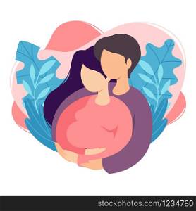 Future parents man and woman are expecting a baby. Couple of husband and wife prepare become parents. Man embracing pregnant woman with belly. Maternity, fatherhood. Flat vector illustration.