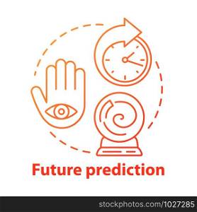 Future prediction concept icon. Fortune telling, psychic service. Divination, esoterics and occultism idea thin line illustration. Crystal ball, palm with eye and clock vector isolated outline drawing