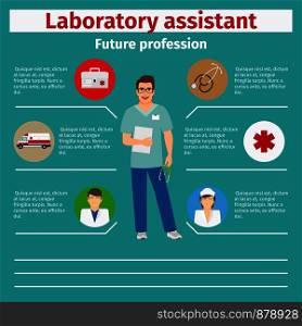 Future profession laboratory assistant infographic for students, vector illustration. Future profession laboratory assistant infographic