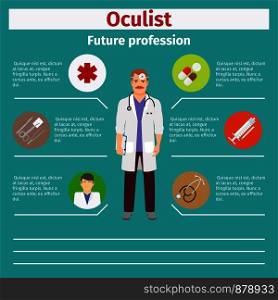 Future profession oculist infographic for students, vector illustration. Future profession oculist infographic
