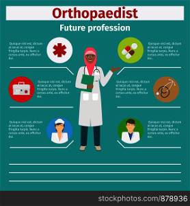 Future profession orthopaedist infographic for students, vector illustration. Future profession orthopaedist infographic
