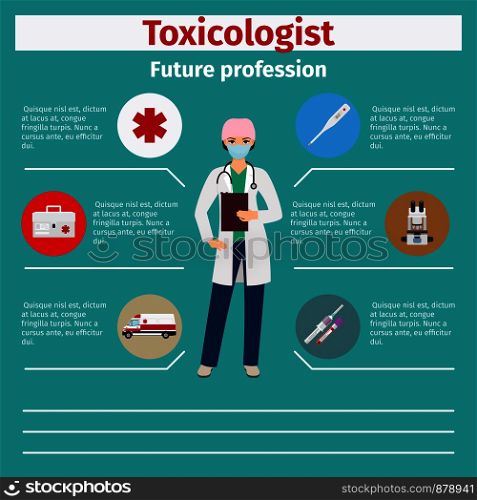 Future profession toxicologist infographic for students, vector illustration. Future profession toxicologist infographic