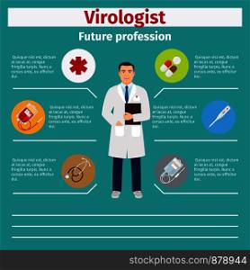 Future profession virologist infographic for students, vector illustration. Future profession virologist infographic