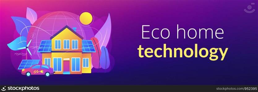 Future smart tech. Alternative electrical power, ecology friendly energy. Eco house, environmentally low-impact home, ecohome technology concept. Header or footer banner template with copy space.. Eco house concept banner header.