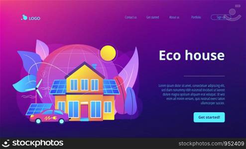 Future smart tech. Alternative electrical power, ecology friendly energy. Eco house, environmentally low-impact home, ecohome technology concept. Website homepage landing web page template.. Eco house concept landing page.