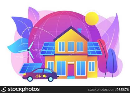 Future smart tech. Alternative electrical power, ecology friendly energy. Eco house, environmentally low-impact home, ecohome technology concept. Bright vibrant violet vector isolated illustration. Eco house concept vector illustration.