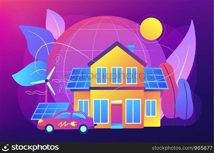 Future smart tech. Alternative electrical power, ecology friendly energy. Eco house, environmentally low-impact home, ecohome technology concept. Bright vibrant violet vector isolated illustration