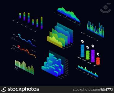 Future tech 3d isometric data finance graphic, business charts, analysis and plan binary indicators and infographic vector elements. Wave graph data, diagram statistic column illustration. Future tech 3d isometric data finance graphic, business charts, analysis and plan binary indicators and infographic vector elements
